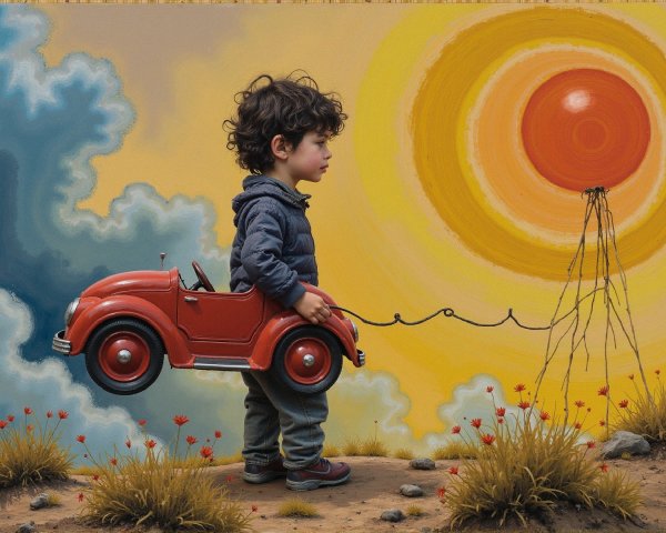 Young boy with toy car in front of vibrant mural