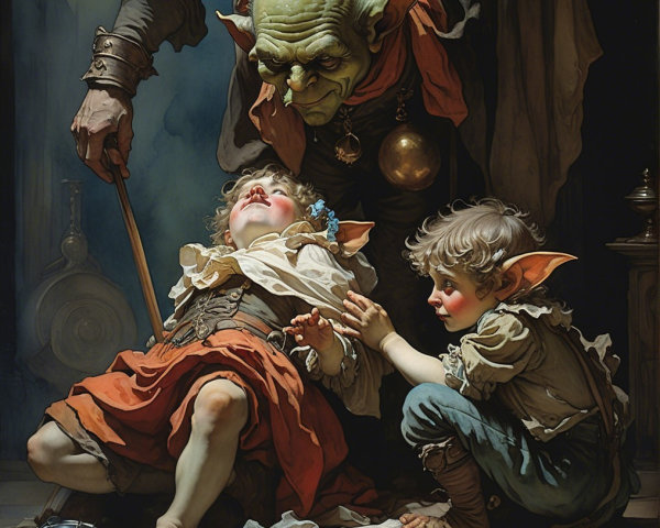 Goblin Encounter in a Dimly Lit Room with Children