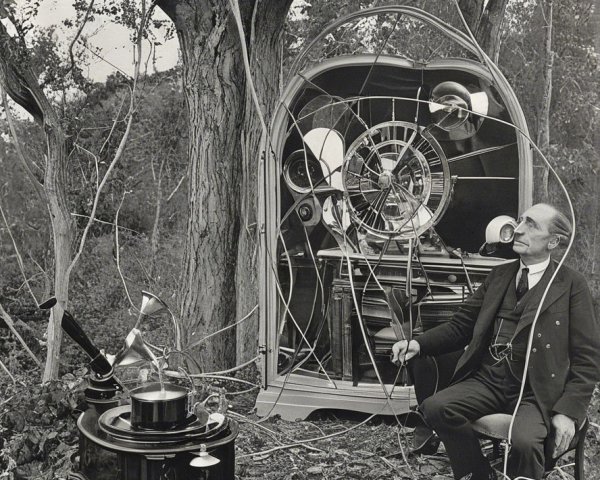 Surreal Black-and-White Scene of Man in Nature with Machine