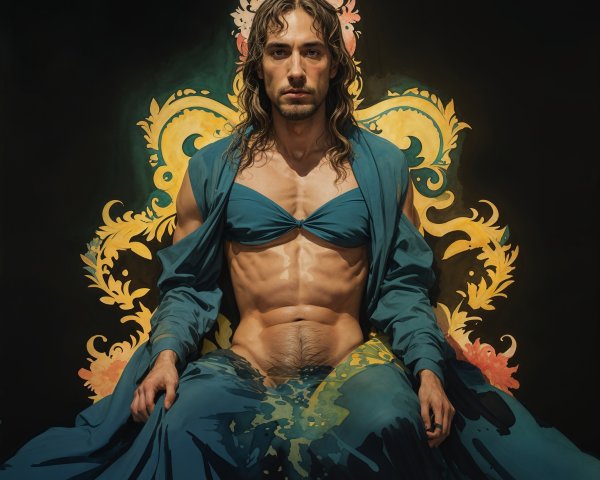 Muscular Figure in Blue Outfit Against Colorful Background