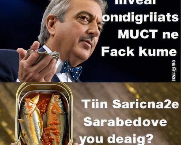Man in Suit with Fork and Whimsical Seafood Text