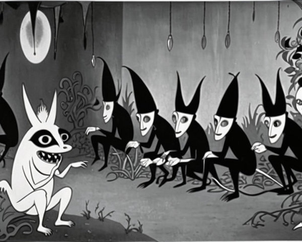 Stylized Black-and-White Scene with Whimsical Creatures