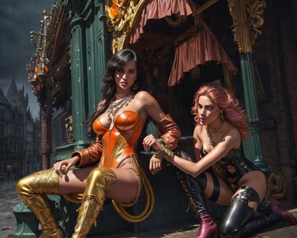 Stylish Women in Urban Setting with Bold Fashion Choices