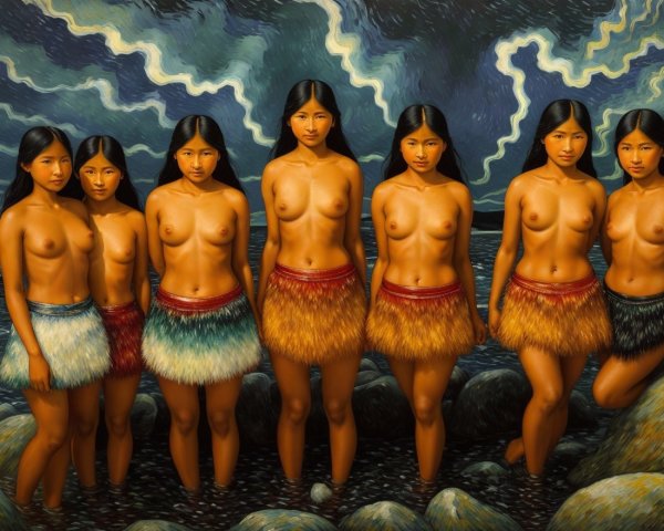 Group of Women in Colorful Skirts by Rocky Shoreline