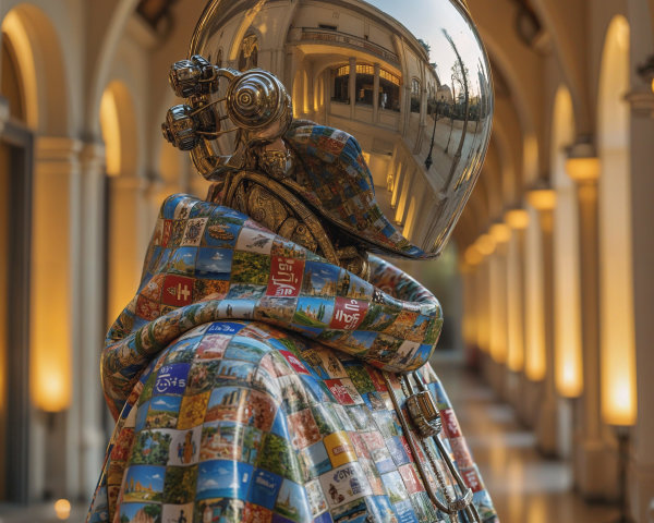 Humanoid Figure in Vibrant Cloak in Arched Corridor