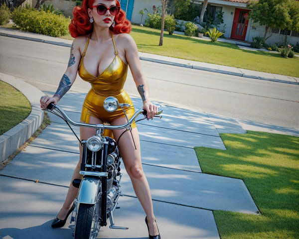 Glamorous Woman with Red Hair on Vintage Motorcycle