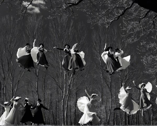 Black-and-white image of dancers leaping among trees