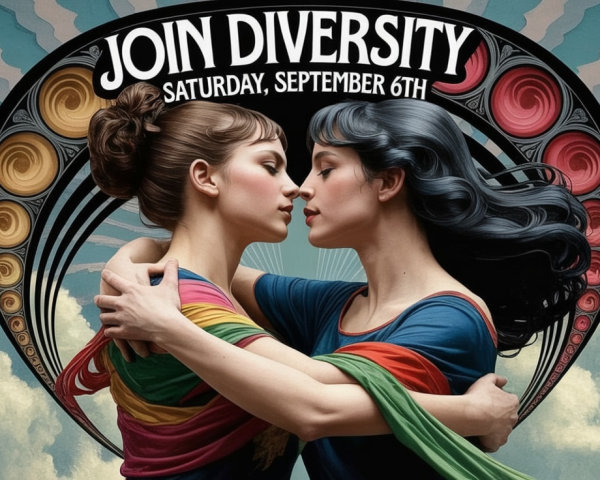 Women Embracing in Colorful Attire with Dynamic Backdrop