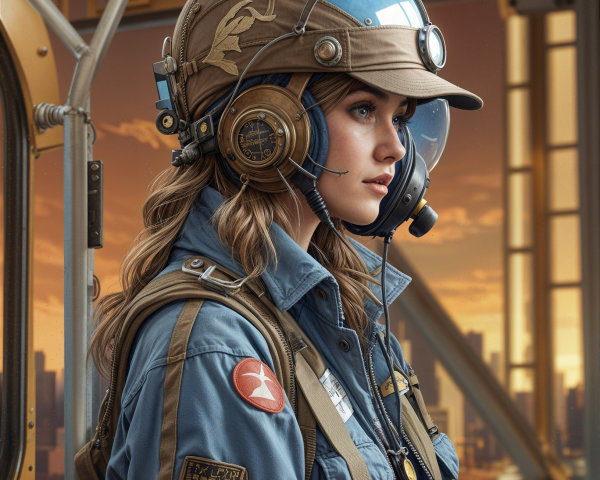 Young woman in vintage aviator gear against cityscape