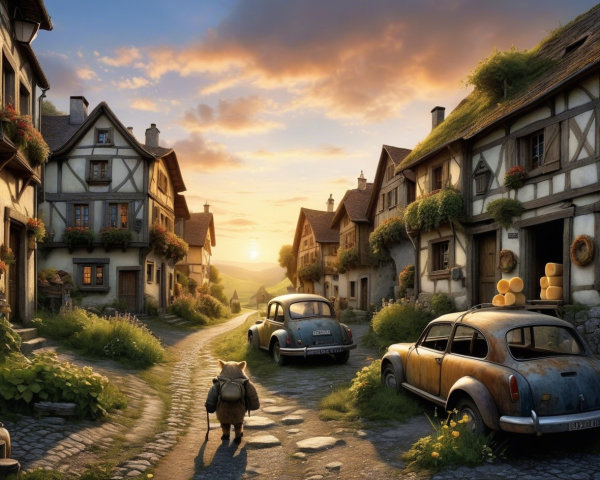 Quaint village at sunset with charming houses and animals