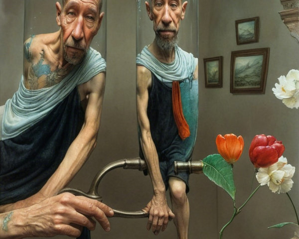 Surreal Figures in Glass Bottles in Distorted Room