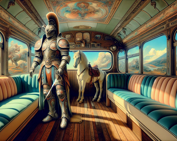 Knight and Horse in a Fantastical Bus Interior