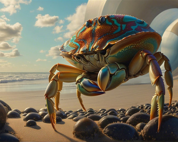 Vibrant Crab on Sandy Beach with Black Pebbles