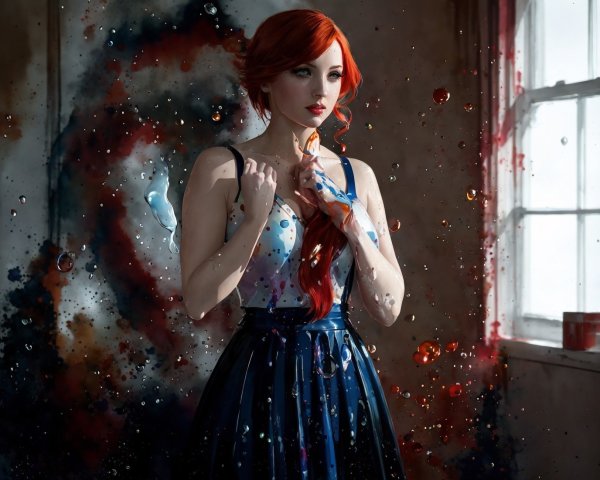 Fair-skinned woman with red hair and painted hands