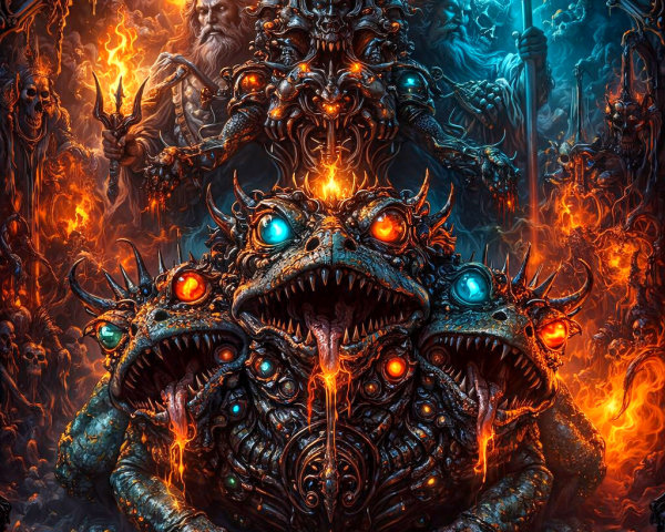 Three-Headed Mythical Beast in Hellish Landscape