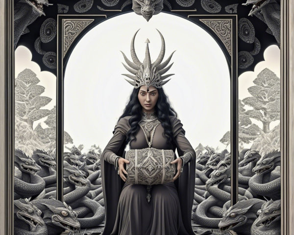 Mystical Figure with Horned Crown in Surreal Setting