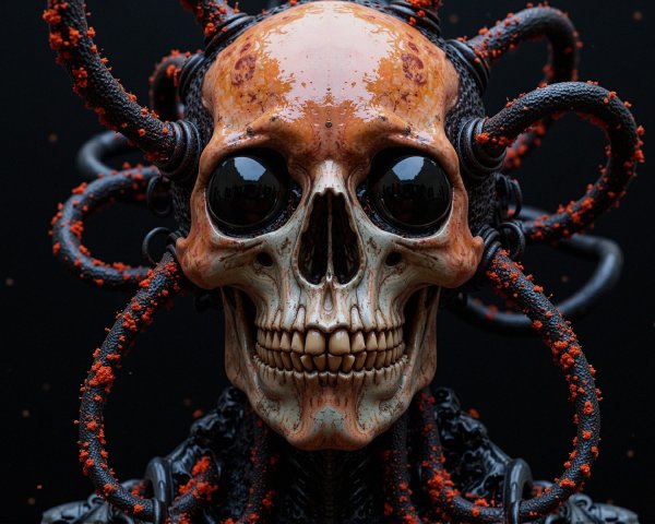 Hyper-realistic skull with tentacle-like structures