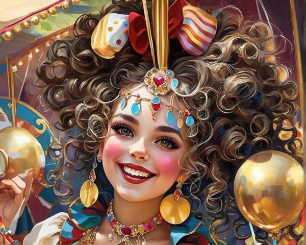 Joyful girl in festive carnival outfit with vibrant hair