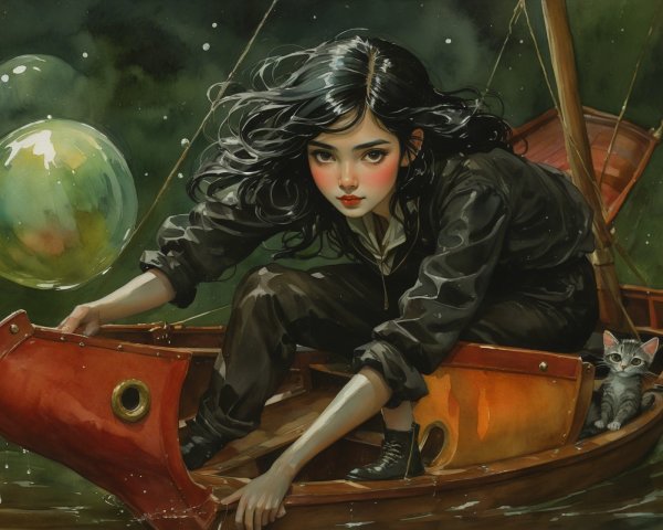 Young girl in boat with cat on whimsical waterway