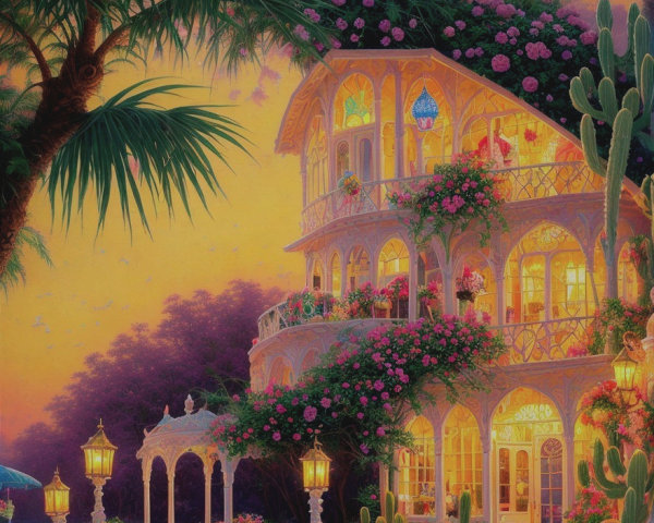 Ornate villa with vibrant flowers at sunset