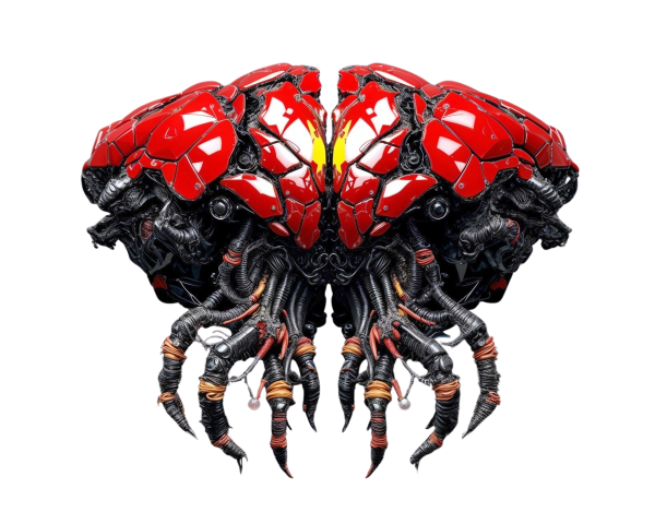 Mechanical Hybrid Creature with Red Armor and Tentacles