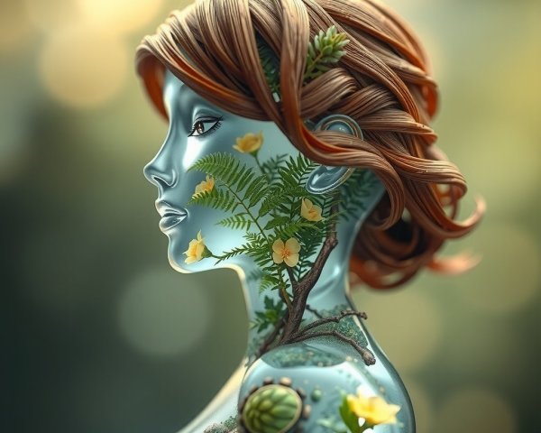 Surreal Figure with Reflective Skin and Nature Elements