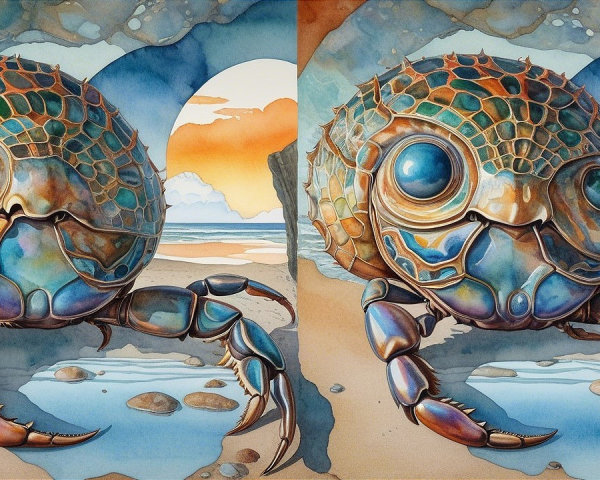 Cartoonish Crab-Turtle Creature on Sandy Beach