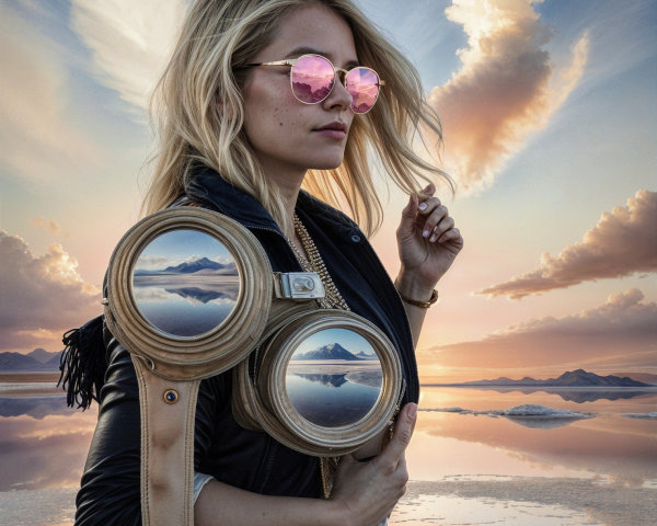 Stylish Woman with Camera at Dramatic Sunset Scene