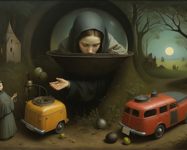 Surreal Landscape with Woman, Vintage Vehicles, and Moon