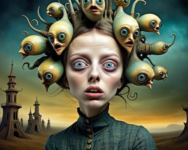 Surreal Portrait of Woman with Monstrous Hair Tendrils