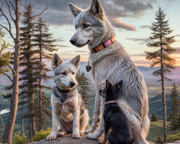 Dogs Overlooking Valley at Sunset in Serene Landscape