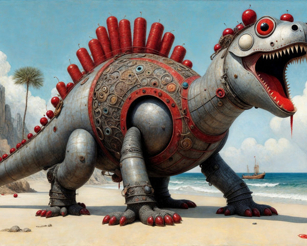 Metallic Dinosaur on Beach with Vintage Attire Man