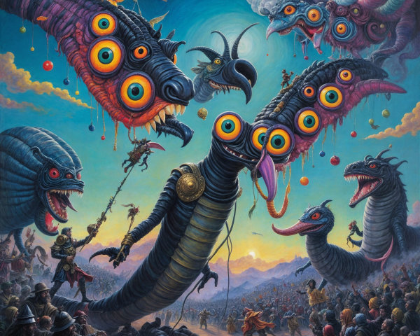 Colossal Creature Overlooks Chaotic Landscape Scene