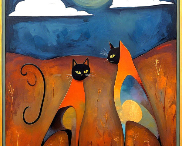 Stylized Cats in Abstract Landscape with Crescent Moon