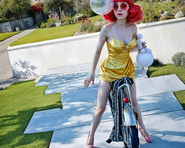 Young Woman in Yellow Dress Riding Bicycle Outdoors