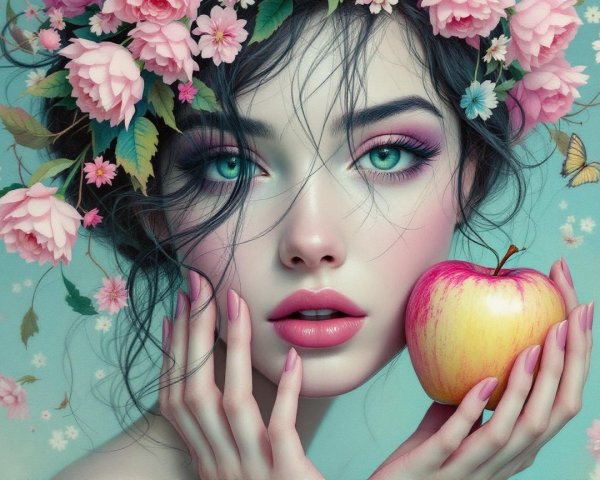Young Woman with Green Eyes Holding a Shiny Apple