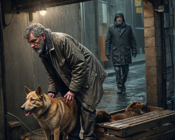 Rugged man and dogs in a rainy alley setting