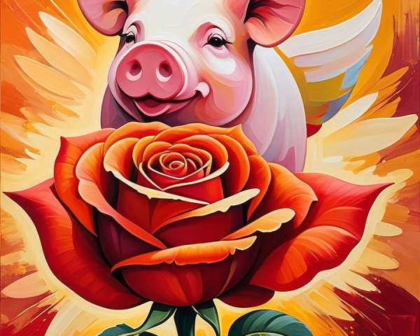 Whimsical Pig with Wings on a Red Rose Background