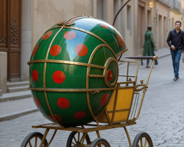 Oversized Green Polka Dot Sphere on Vintage Cart