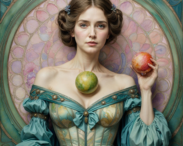 Elegant Woman in Vintage Attire with Apples