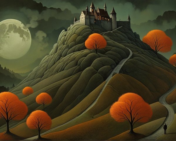 Winding Path to a Castle Under a Full Moon