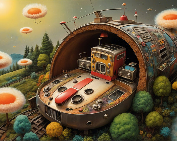 Surreal Landscape with Tunnel-Like Train Structure