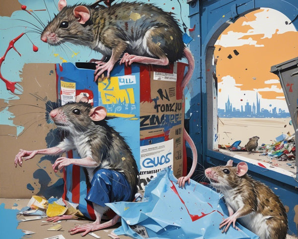 Detailed Rats Playing in Colorful Urban Debris