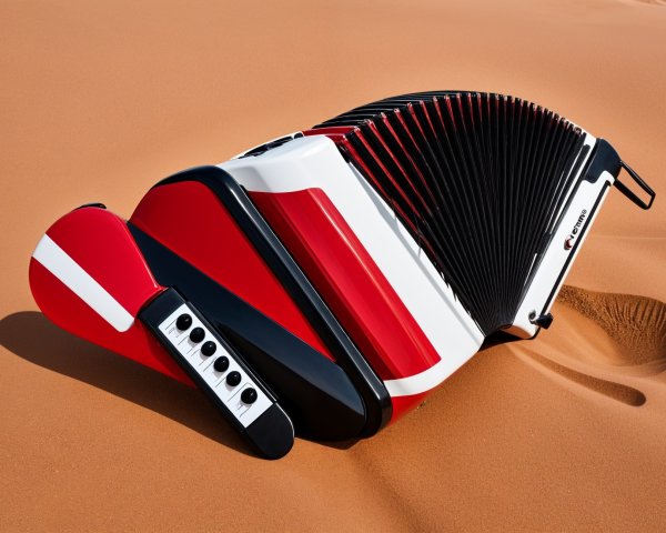 Red and black accordion in golden sand dunes
