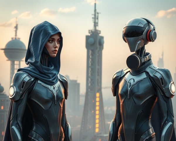 Futuristic Cityscape with Robot and High-Tech Woman