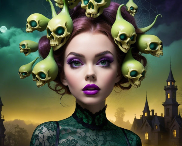 Gothic Woman with Purple Lips and Skull-Adorned Hair
