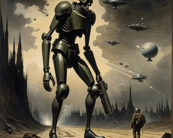 Robotic Figure in Ominous Sci-Fi Landscape