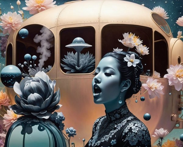 Surreal Scene of Woman with Flowers and Spaceship