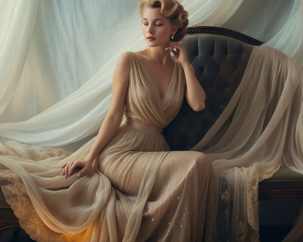 Elegant Woman in Champagne Gown on Vintage Sofa