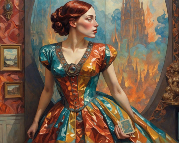 Woman in Vibrant Geometric Dress with Artistic Backdrop